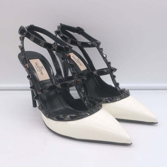 Valentino Rockstud Bicolor Cage Pumps White & Black Patent Leather Size 38.5 NEW - Picture 2 of 12